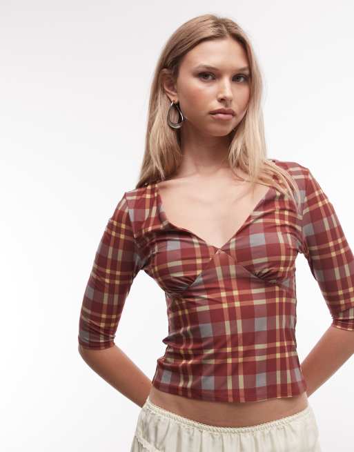 Reclaimed Vintage - Top a cuadros vichy rojos con mangas 3/4, 3 de 4