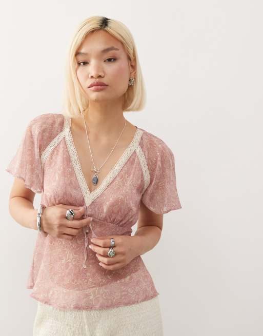Reclaimed Vintage - Top à imprimé cachemire et bords en dentelle - Rose