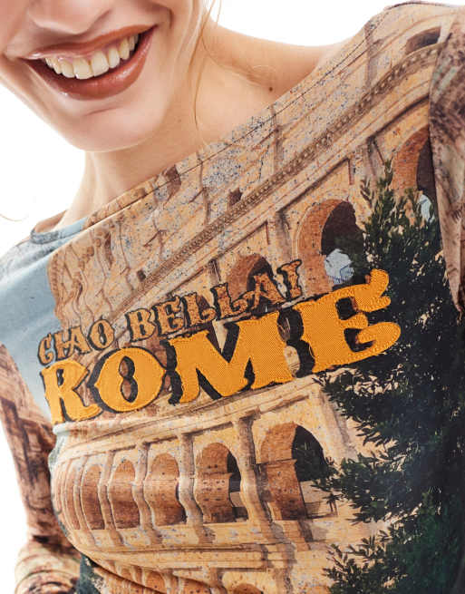 Reclaimed Vintage - Top a maniche lunghe con scollo a barchetta e stampa "Roma", 3 di 4