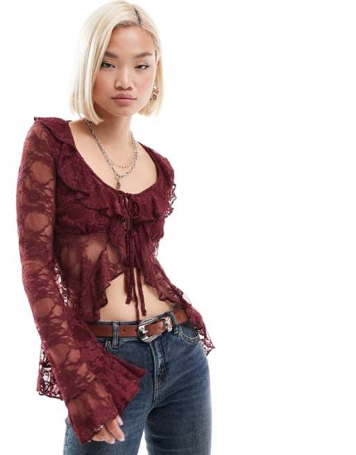 Reclaimed Vintage - Top a maniche lunghe in pizzo bordeaux
