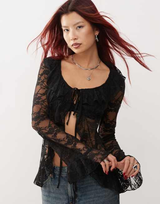 Reclaimed Vintage - Top a maniche lunghe in pizzo nero