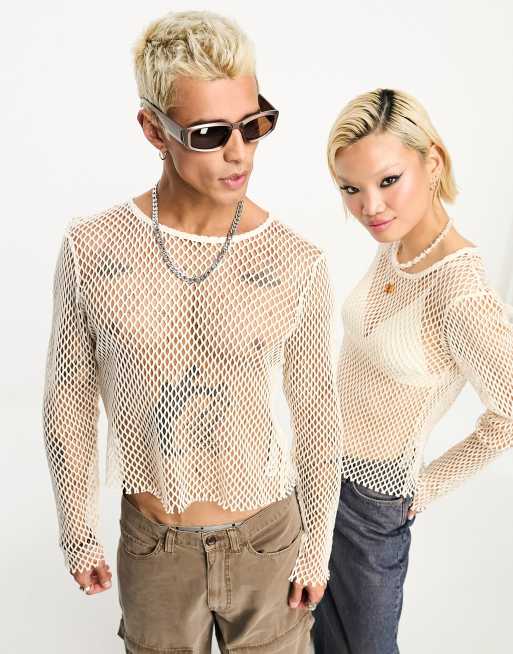 Reclaimed Vintage - Top a maniche lunghe in rete all'uncinetto unisex color crema