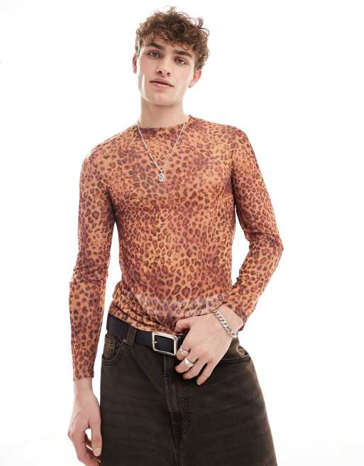 Reclaimed Vintage - Top a maniche lunghe in rete con stampa leopardata