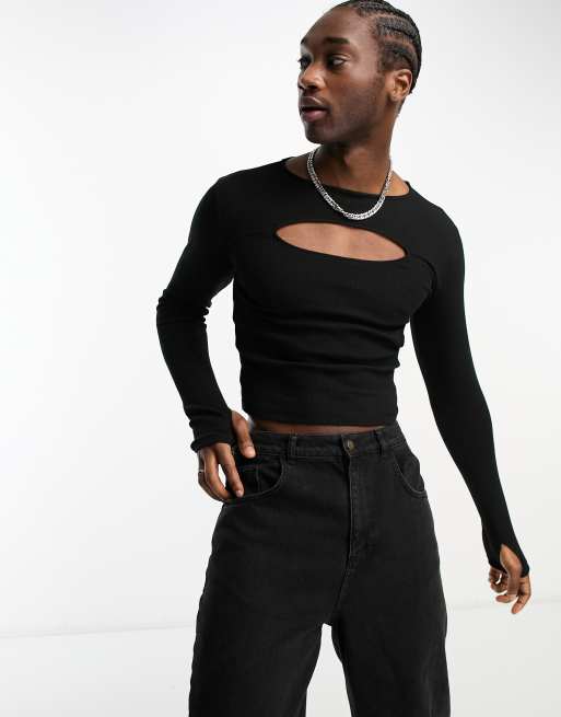 Reclaimed Vintage - Top a maniche lunghe nero a coste con cut-out