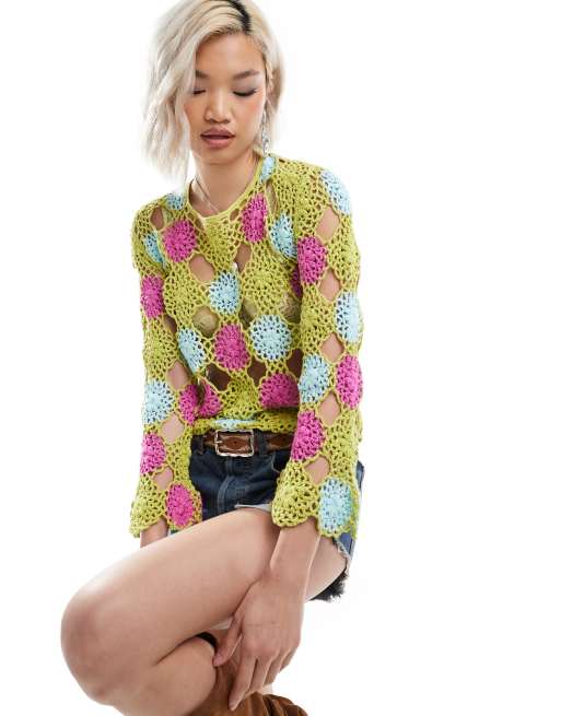 Reclaimed Vintage - Top a maniche lunghe verde a fiori all'uncinetto - Edizione limitata
