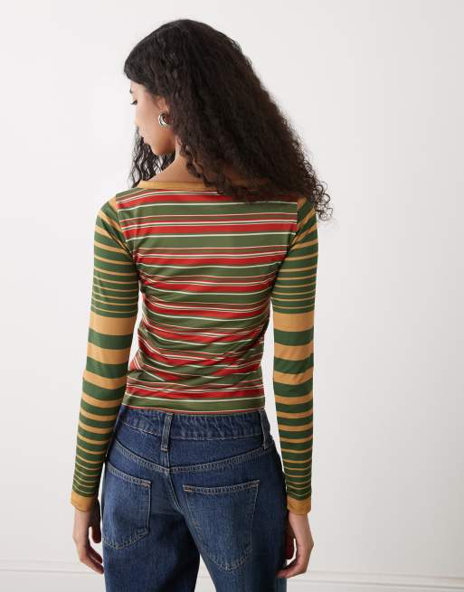 Reclaimed Vintage - Top à rayures avec manches longues et encolure boutonnée - Vert, 4 de 4