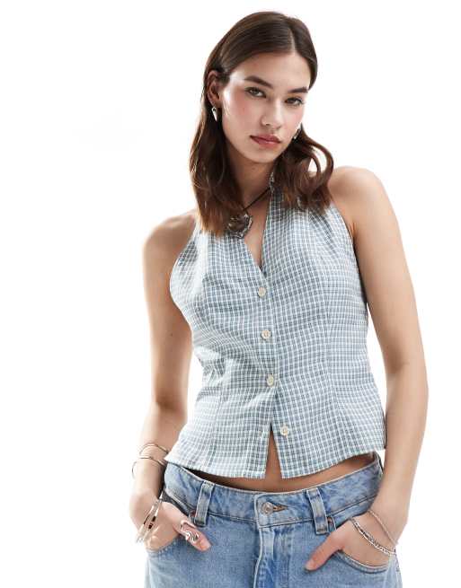 Reclaimed Vintage - Top allacciato al collo blu a quadretti