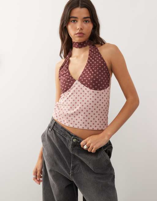 Reclaimed Vintage - Top allacciato al collo con foulard e stampa mista color rosso e rosa