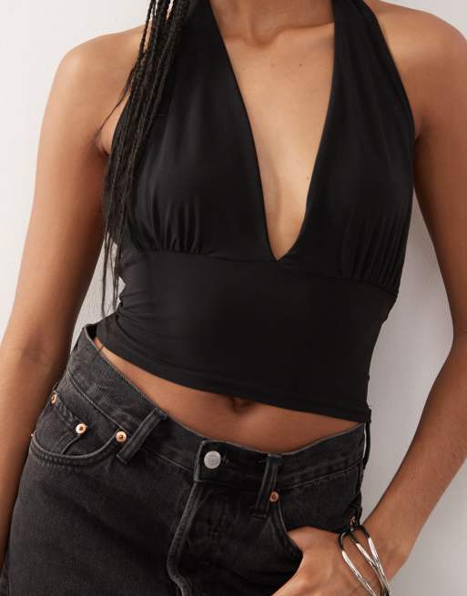 Reclaimed Vintage - Top allacciato al collo nero con scollo profondo e allacciatura in vita, 4 di 4