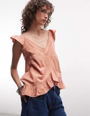 Top avec manches à volants et bordures en dentelle - Orange délavé 38