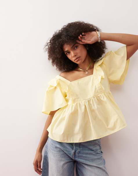 Reclaimed Vintage - Top babydoll stile grembiule giallo latticello con volant - view 1