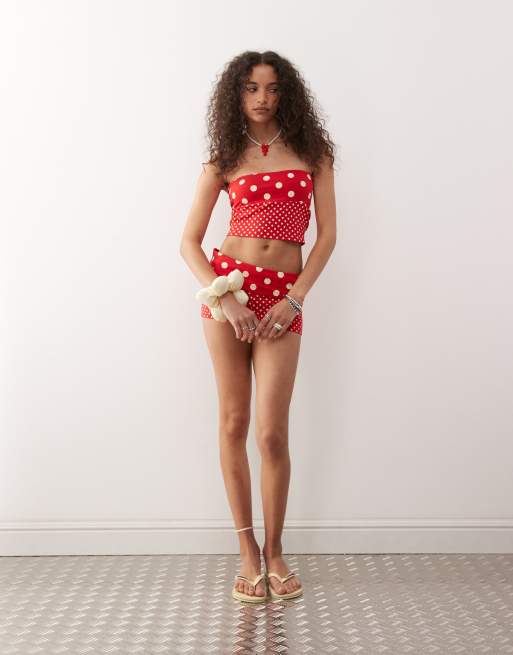 Reclaimed Vintage - Top bandeau d'ensemble à pois variés - Rouge, 3 de 4