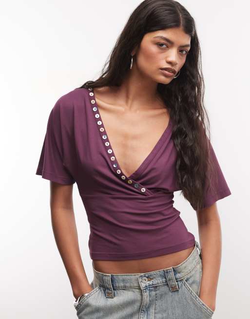 Reclaimed Vintage top cache-cœur doux avec bouton en bordeaux