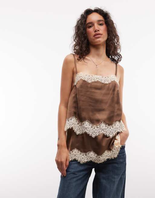 Reclaimed Vintage top cami a doppio strato in raso e pizzo