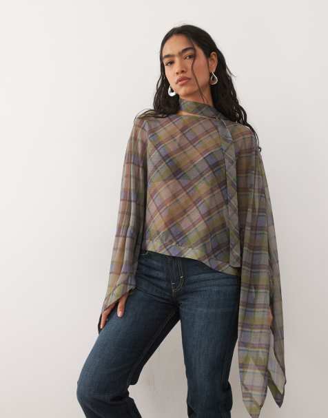 Reclaimed Vintage - Top cape doux à carreaux avec ourlet asymétrique et foulard assorti - view 1