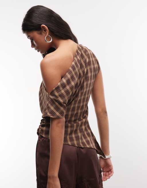Reclaimed Vintage - top con hombros descubiertos a cuadros marrones, 4 de 4
