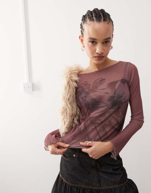 Reclaimed Vintage - Top con maniche svasate e scollo a barchetta bordeaux con stampa a fiori