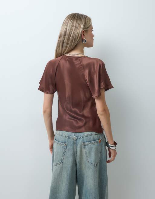 Reclaimed Vintage top con nodo davanti e bordi in pizzo marrone, 4 di 4