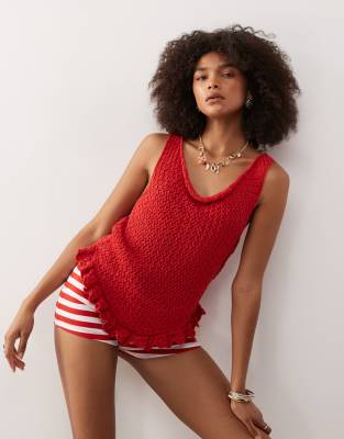 Reclaimed Vintage - Top da festival rosso in maglia all'uncinetto con scollo ad anello - view 1