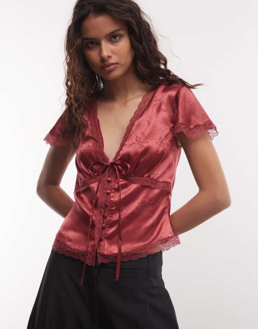 Reclaimed Vintage top da giorno in jacquard di raso rosso, 1 di 4
