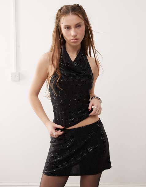 Reclaimed Vintage - Top da party nero con scollo ad anello e paillettes in coordinato - view 1