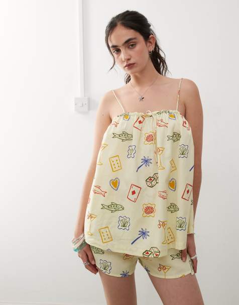 Reclaimed Vintage - Top da spiaggia stile grembiule a trapezio giallo con stampa stile cartolina - view 1