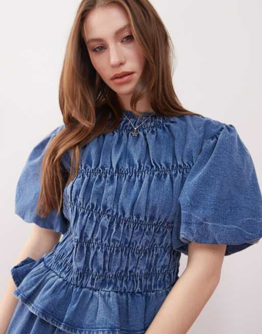 Reclaimed Vintage - Top d'ensemble à détails froncés et manches bouffantes - Bleu denim délavé