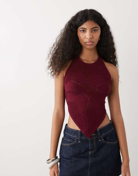 Reclaimed Vintage - Top dos nu en maille crochetée avec ourlet plongeant - Prune - view 1