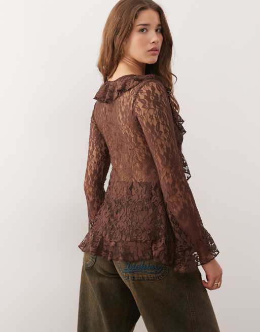 Reclaimed Vintage - Top en dentelle à manches longues et volants - Marron chocolat, 4 de 4