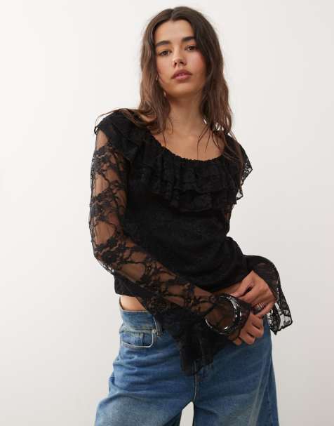 Reclaimed Vintage - Top en dentelle avec manches anges longues et encolure à volants - Noir - view 1