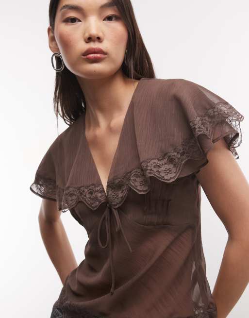 Reclaimed Vintage top en mousseline avec col en chocolat, 2 de 4