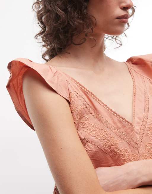 Reclaimed Vintage top frill sleeves and lace trims in washed orange, 3 of 4