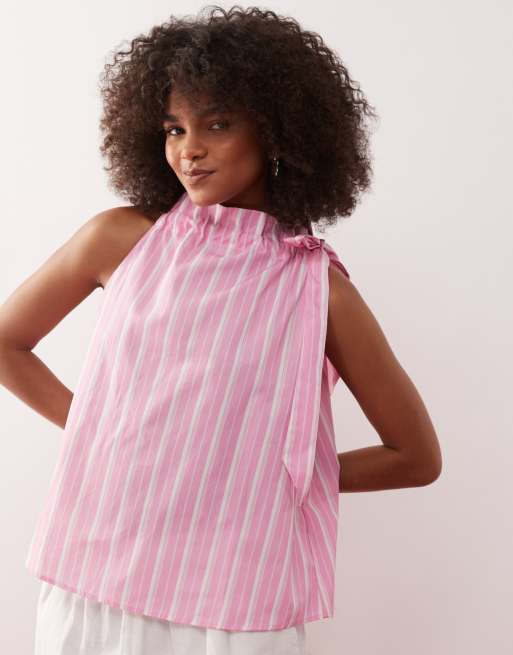 Reclaimed Vintage - Top grembiule rosa a righe con allacciatura al collo