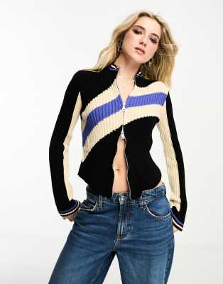 Reclaimed Vintage - Top in maglia a coste stile racing con zip