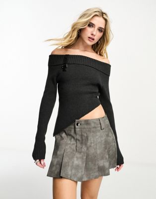 Reclaimed Vintage knitted off shoulder top in charcoal with buckle - ASOS Price Checker