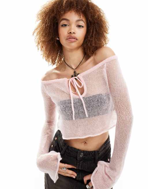 Reclaimed Vintage - Top in maglia con scollo Bardot e maniche a campana