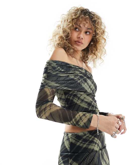 Reclaimed Vintage - Top in rete a spalle scoperte con stampa a quadri