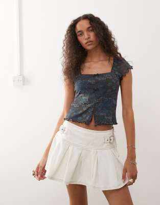 Reclaimed Vintage - Top in rete con scollo squadrato, spacco sul davanti e stampa cachemire