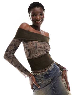 Reclaimed Vintage long sleeve off shoulder mesh hybrid top   - ASOS Price Checker