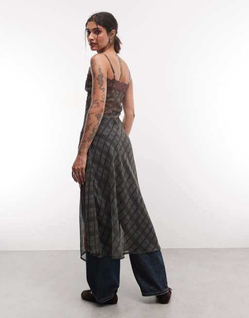 Reclaimed Vintage top maxi in chiffon trasparente a quadri con pizzo e spalline sottili, 4 di 4