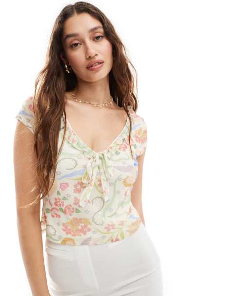 Reclaimed Vintage - Top med afkortede ærmer og blomstermønster i mesh - view 1