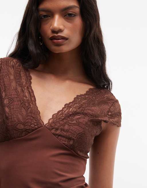 Reclaimed Vintage top med blonde og jersey i chokolade, 3 af 4