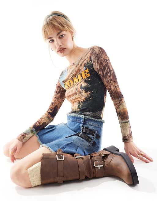 Reclaimed Vintage - Top met lange mouwen, rechte hals en Rome-print
