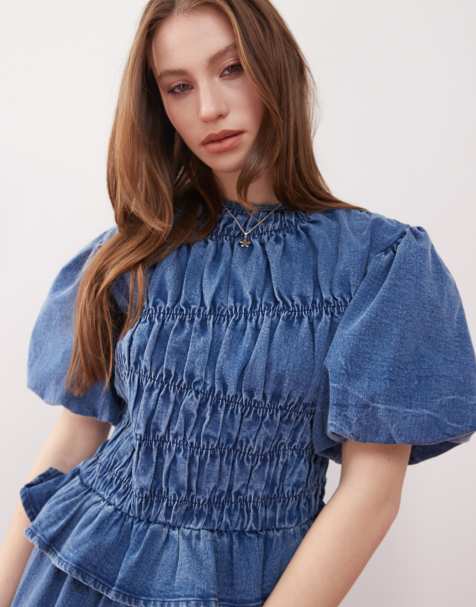 Reclaimed Vintage - Top met pofmouwen en gesmokte details in blauwe denim wassing, deel van co-ord set - view 1