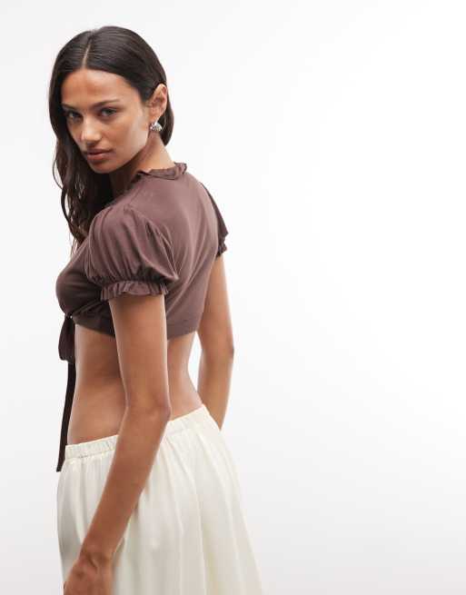 Reclaimed Vintage top met striksluiting en cropped pasvorm in chocoladebruin, 4 van 4