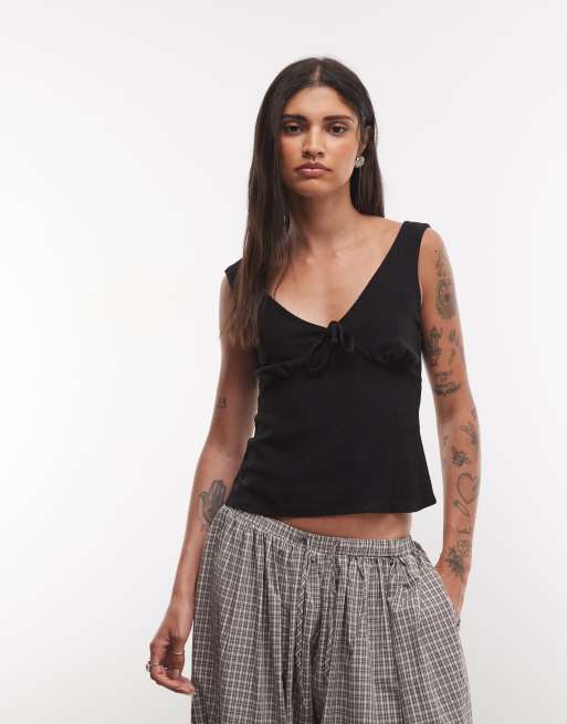 Reclaimed Vintage top nero in lino con scollo a V e bottoni