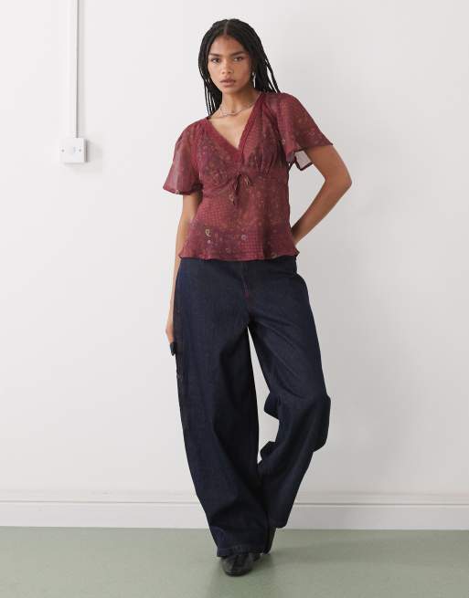 Reclaimed Vintage - Top rétro à imprimé cachemire et bordures dentelle - Bordeaux, 2 de 4