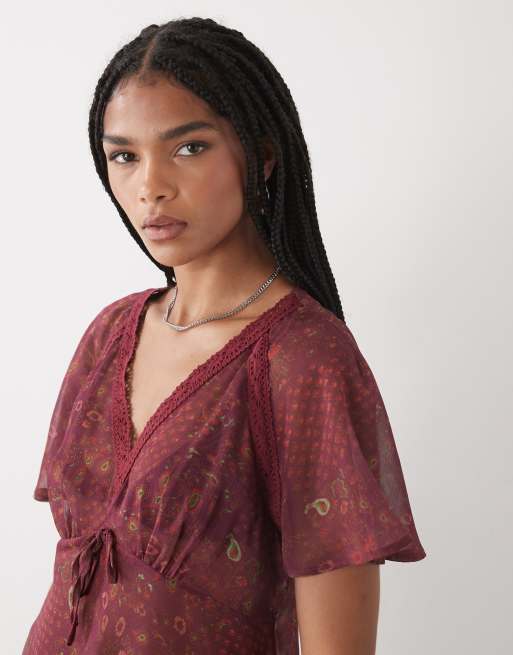 Reclaimed Vintage - Top rétro à imprimé cachemire et bordures dentelle - Bordeaux, 3 de 4
