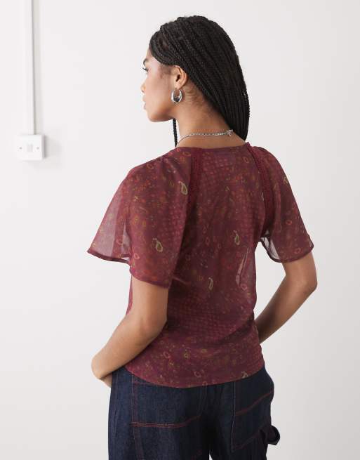 Reclaimed Vintage - Top rétro à imprimé cachemire et bordures dentelle - Bordeaux, 4 de 4
