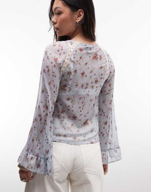 Reclaimed Vintage - Top rétro en mousseline à petites fleurs - Bleu et rose, 4 de 4